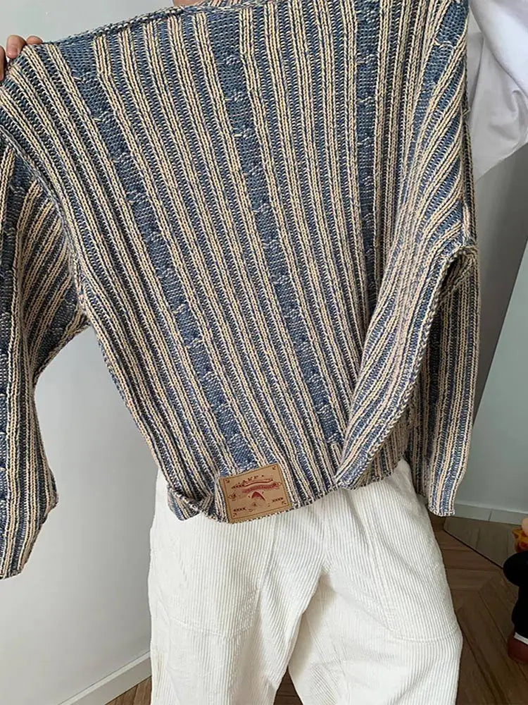 Trendy Striped Twists Knitted Sweaters 2024 Autumn Y2k Men Loose O Neck Long Sleeve Knit Pullover Vintage Warm Sweater Jumpers voguable