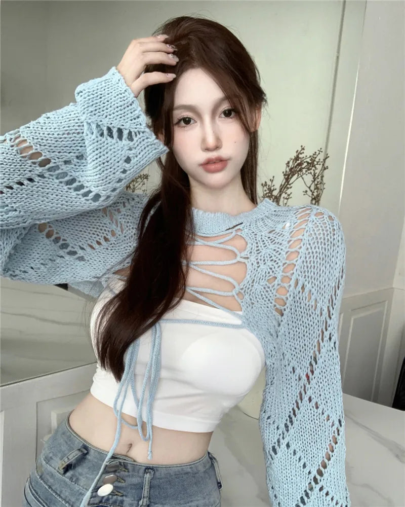 Voguable 2024 Summer New Korean Hollow Sexy Backless Lace-up Solid Color Long-sleeved Sweater Women + Basic Camisole Two-piece Suit voguable