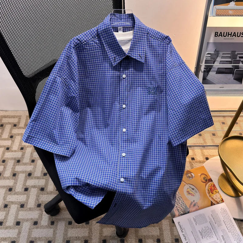 Voguable  American retro embroidered blue checkered short-sleeve shirt for men and women, summer casual loose high-end top for men voguable