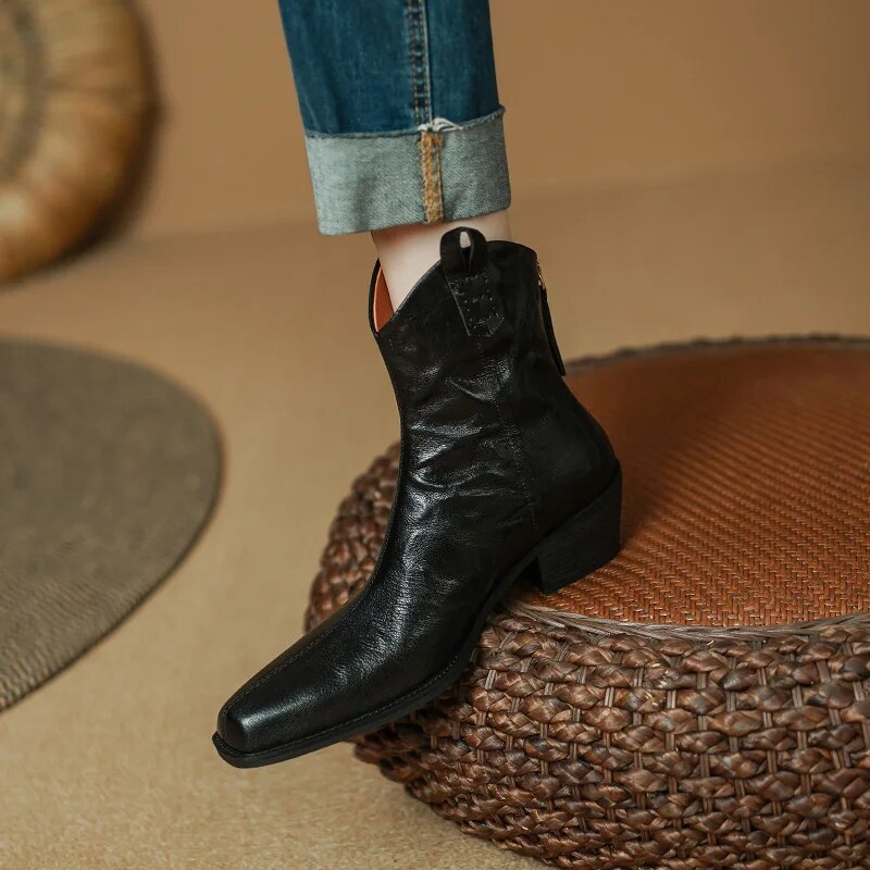 New Autumn Women Boots Square Toe Thick Heel Boots for Women Winter Genuine Leather Ankle Boots Chelsea Boots Cowboy Boots voguable
