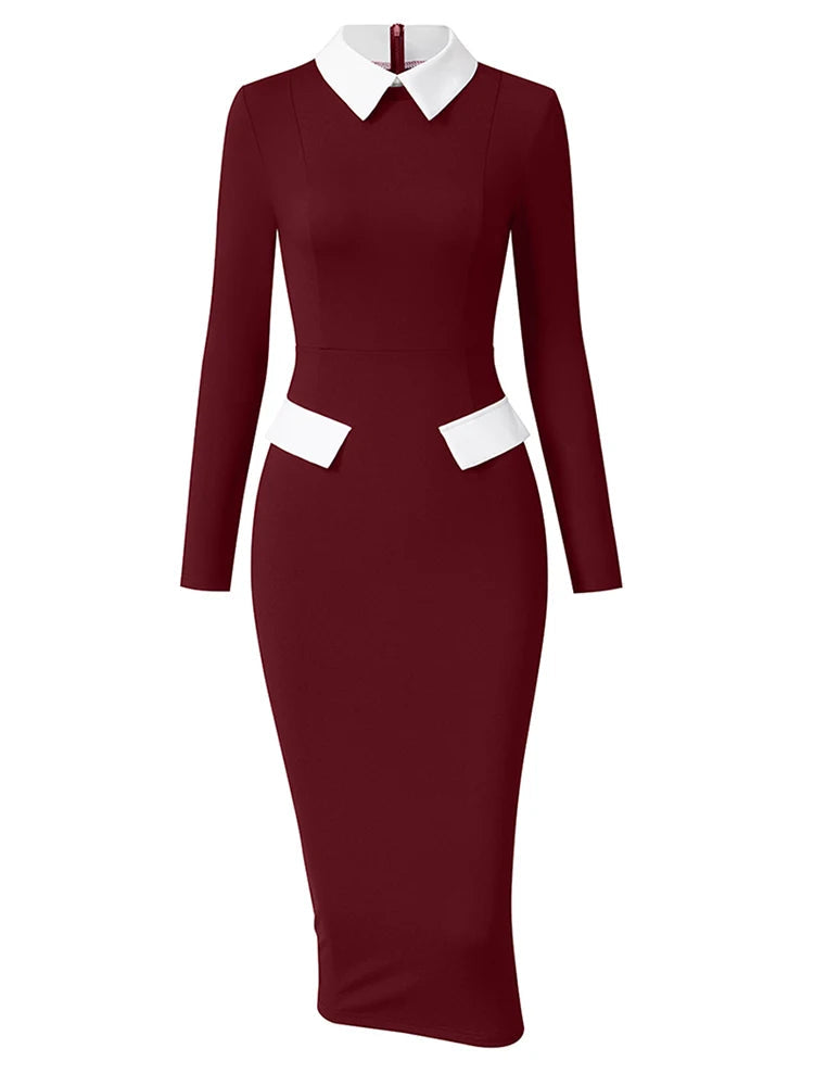 Voguable  Elegant Fashion Women's Pencil Dress Polo Collar Design Professional Long Sleeved Solid Color Office Lady Dress voguable