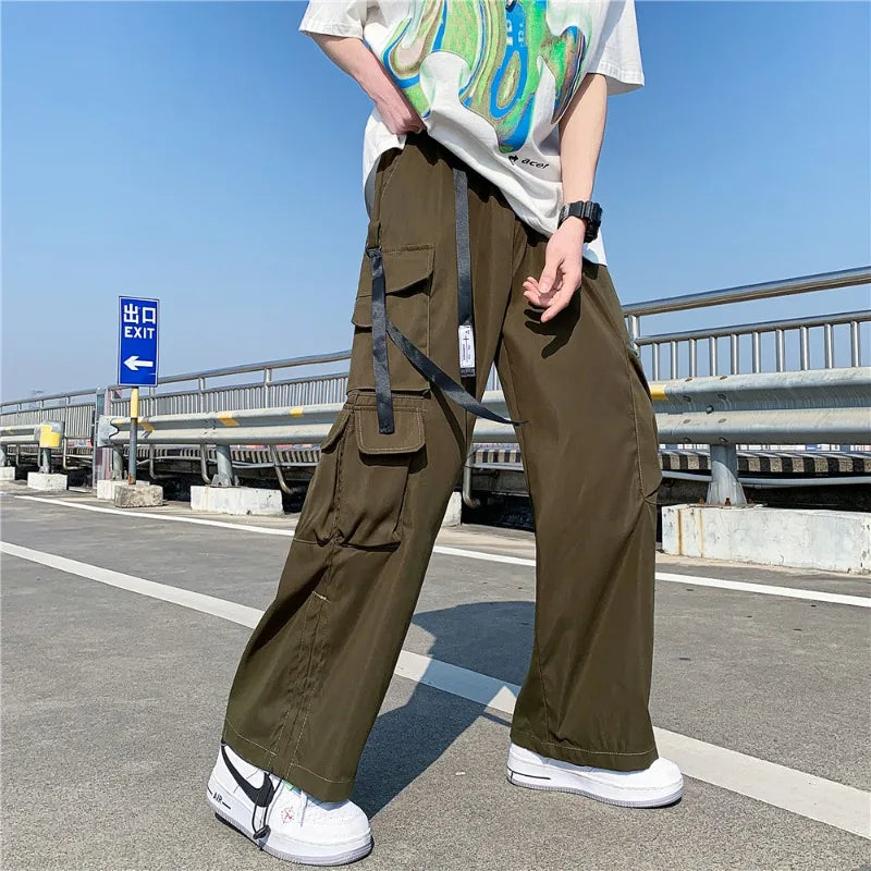 Voguable  Japanese Overalls Men Functional Multi-pocket Pants Korean Urban Streetwear Trend High-end Elastic Waist Lace Casual Trousers voguable