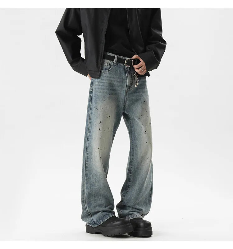 Summer Men's Denim Pants Old Blue Washed Male Jeans Straight fleck Casual Menwear Loose Wide Leg Trousers 2024 New Fashion voguable