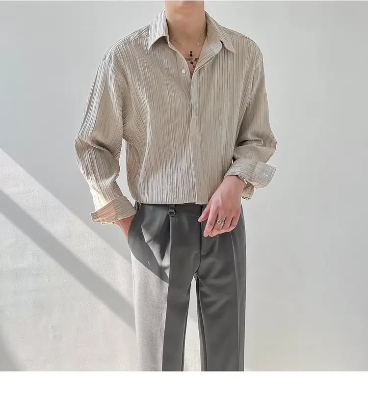 Black Apricot White Long-sleeved Shirt Men Fashion Social Mens Dress Shirt Korean Loose Casual Pleated Shirts Mens Formal Shirt voguable