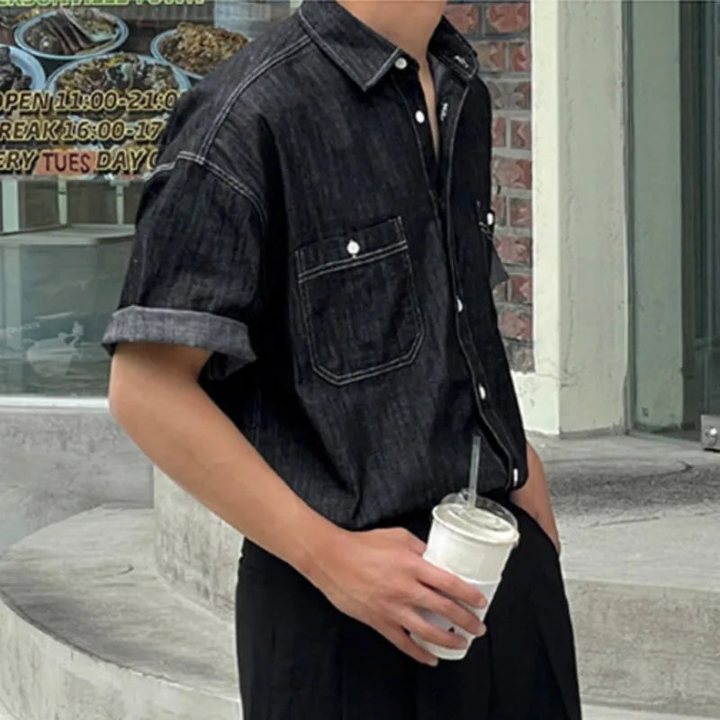 Voguable Men's Denim Shirt 2024 Summer New Loose Trend Versatile Lapel Short Sleeve Design Single Breasted Double Pockets Top voguable