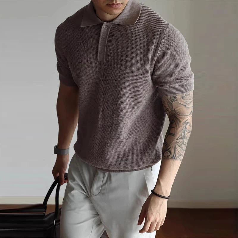 New Men's Clothing Light Luxury Business Polo Shirt Casual Slim-fit Knitted Solid Color Short Sleeve T-shirt High Quality Tops voguable