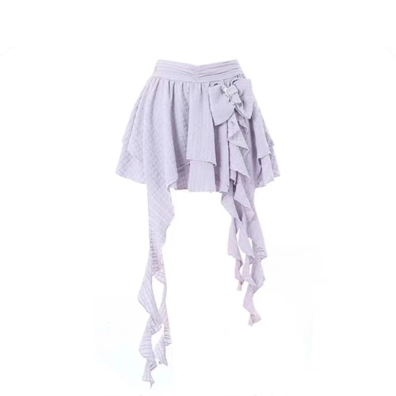 Voguable 2024 New Harajuku Women Skirt Chic A-line Korean Sweet Saia Bow Irregular Y2k Mini Skirts Ruffles Summer Jupe Fashion Clothing voguable