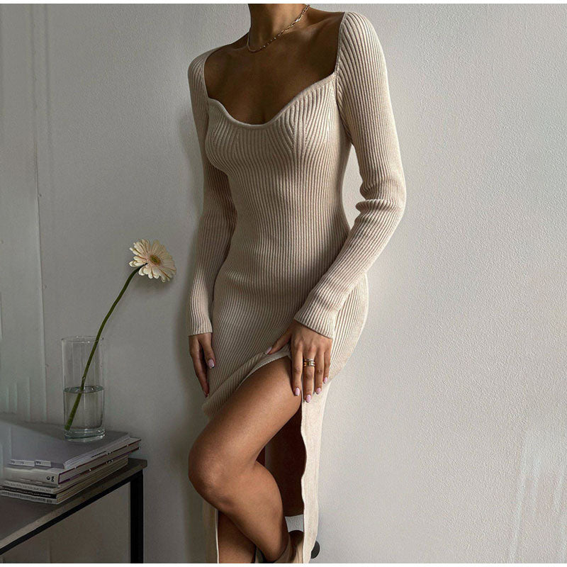 Bodycon Knitted Women Sweater Dress Long Sleeve Sexy Off Shoulder Split Elegant Party Dresses Fashion Autumn Winter voguable