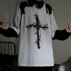 T-shirt Cross of Thorns fake two-piece for men women long-sleeved dark hip-hop loose large size autumn new trend top Simplicity voguable