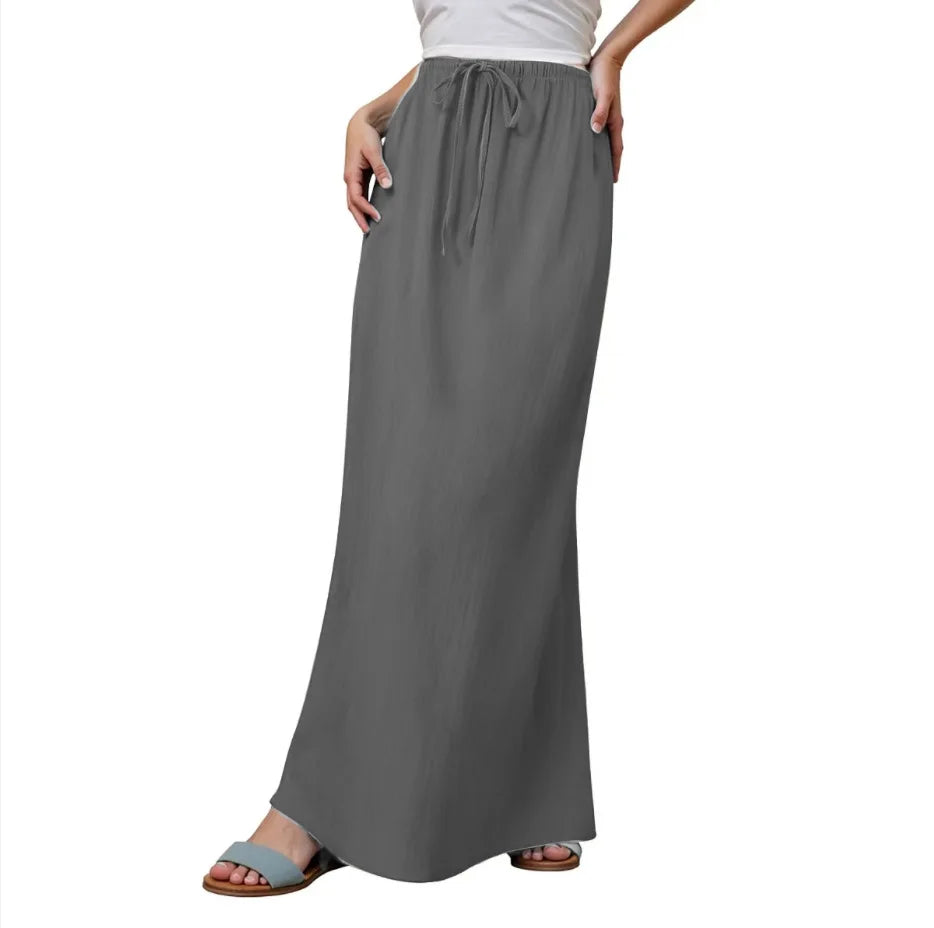 Voguable  Solid Color Straight Drawstring Elastic Waist Casual Ladies Skirt Summer Simple New Versatile Loose Long Skirt for Women voguable