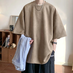 Summer Short Sleeved T-shirt Men Fashion Solid Color Round Neck T Shirt Men Streetwear Loose Suede Tshirt Mens Top M-3XL voguable