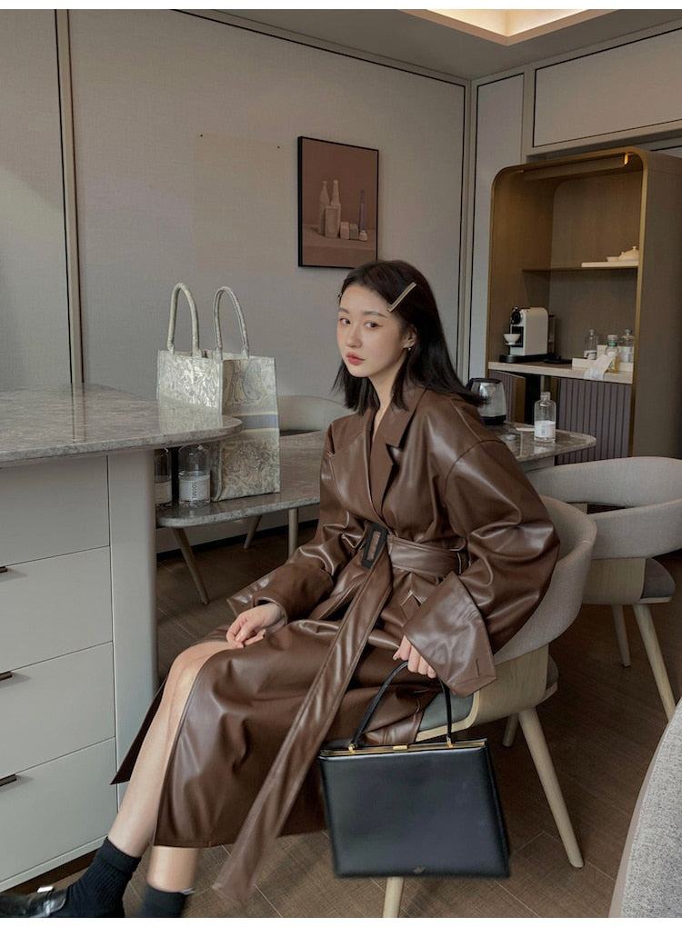 Long oversized leather trench coat for women long sleeve lapel loose fit Fall Stylish black women clothing streetwear voguable