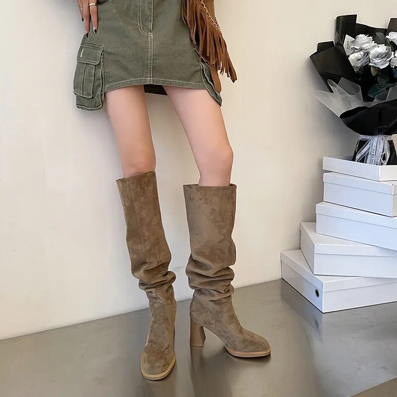 Suede Daily Botas Round Toe Autumn Winter Woman Boots Cowgirls Western Boots Woman Slip on Simple Pleated Knee-High Shoes voguable