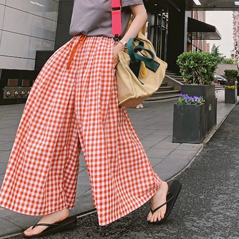 MEXZT Retro Plaid Wide Leg Pants Women Streetwear High Waist Drawstring Loose Casual Trousers Summer Korean All Match Skirt Pant voguable