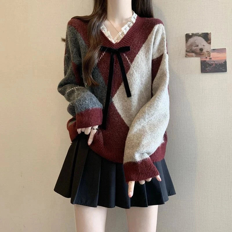 Sweet Bow Argyle Sweaters Women Retro Preppy Style Loose Knitted Pullover Lace Patchwork Long Sleeve Female Vintage Jumpers Fall voguable