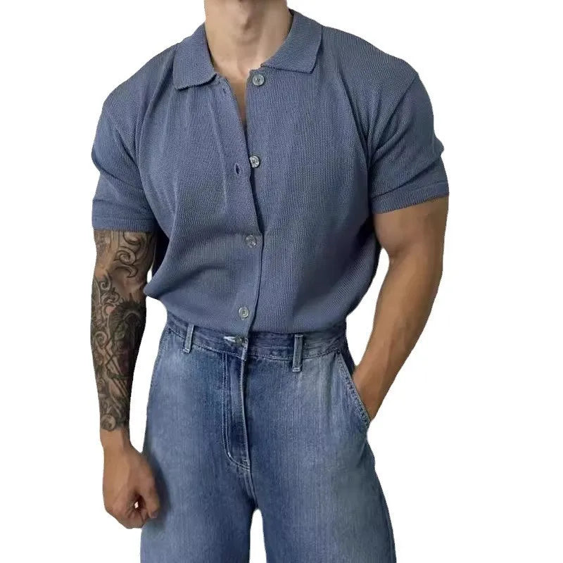 Summer Men's Clothing Light Luxury Knit Polo Shirt Korean Solid Color Short Sleeve Button-down Retro Fashion Leisure Knitwear voguable