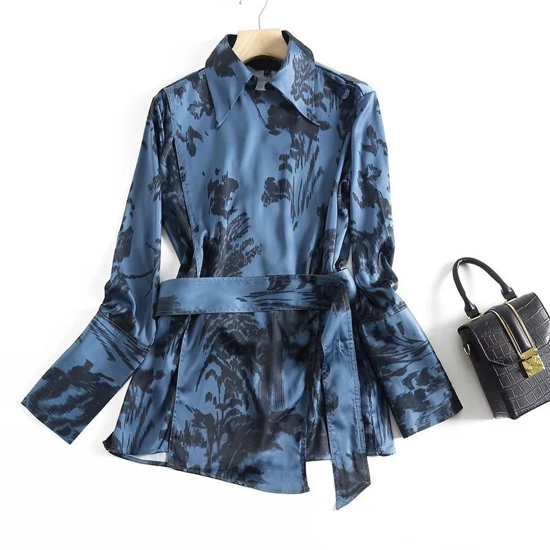 Voguable  New  Women Floral Print Wrap Shirt Long Sleeve With Belt Ladies Spring Vintage Blouse Tops voguable