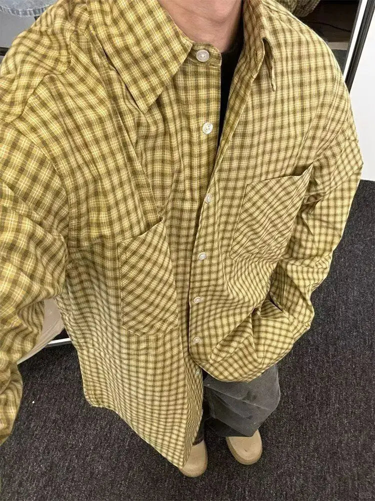 American Retro Yellow Plaid Shirt Men Women Spring and Autumn Korean Casual Loose Sun Protection Thin Couple Fashion Trend Shirt voguable