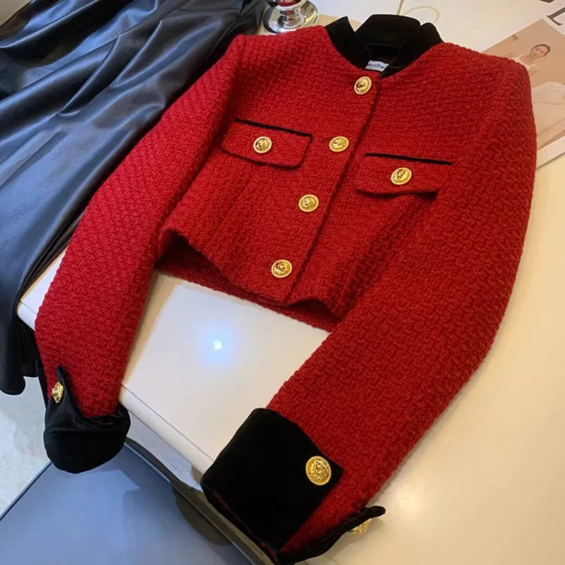 Fashion Stitching Tweed Short Jacket Women Autumn Winter Elegant Office Lady Coat Y2K Korean O Neck Single Breasted Crop Outwear voguable