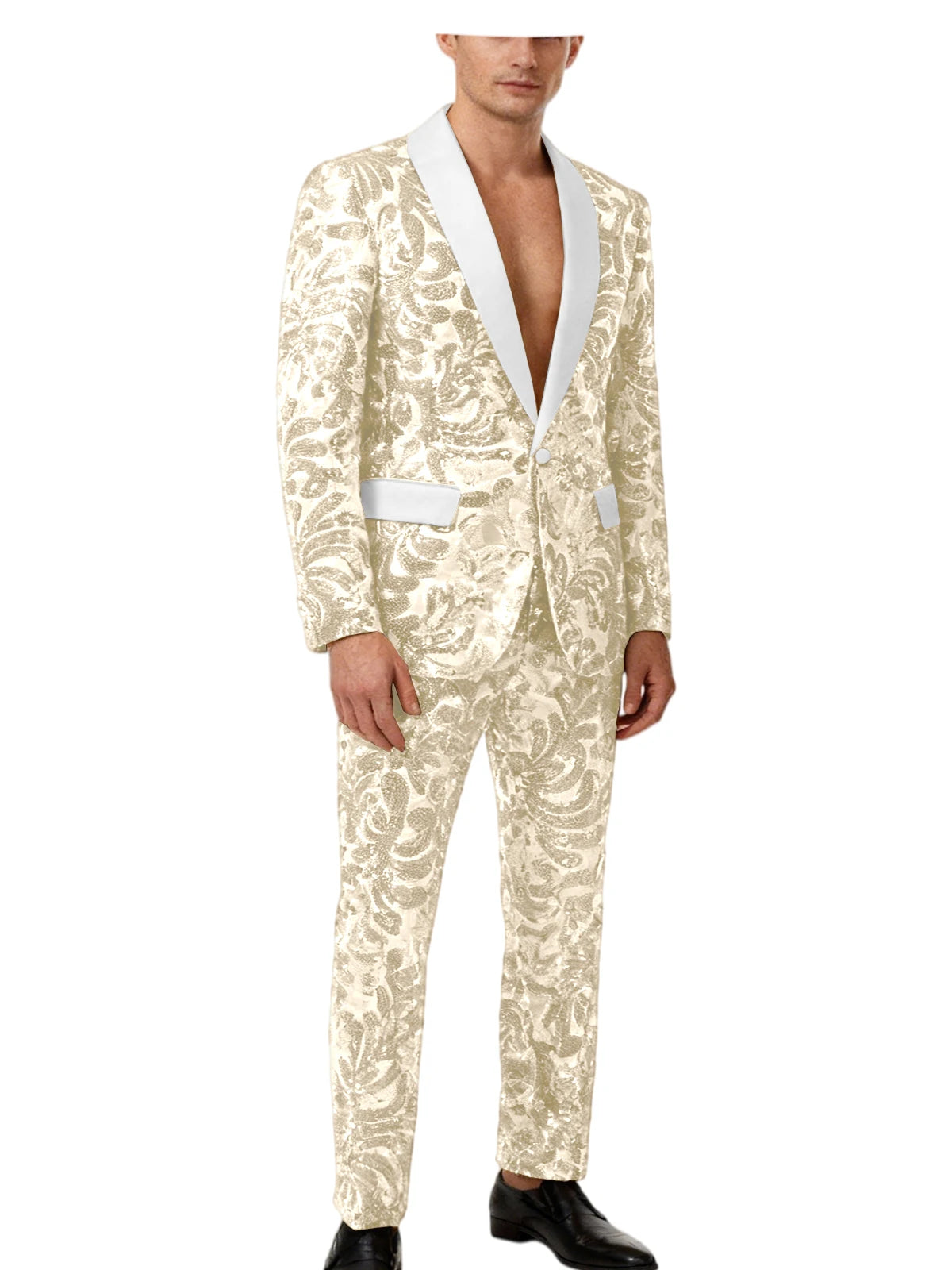 Voguable  Luxury Men's Sequin 2 Piece Set (Blazer+Pants) Shawl Collar 1 Button Slim Fit Sparkly Tuxedos Jacket Trousers for Wedding Party voguable
