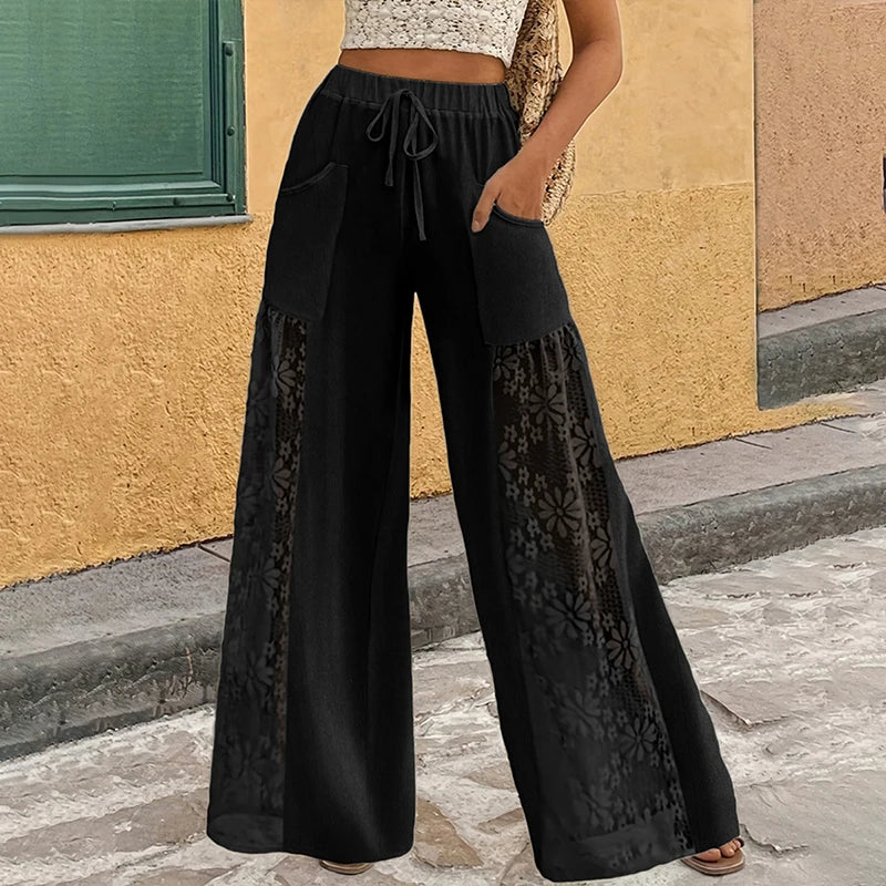 Voguable  Summer Lace Patchwork High Waist Drawstring Pockets Loose Fit Wide-leg Pants Casual Beach Vacation Comfortable Trousers Clubwear voguable