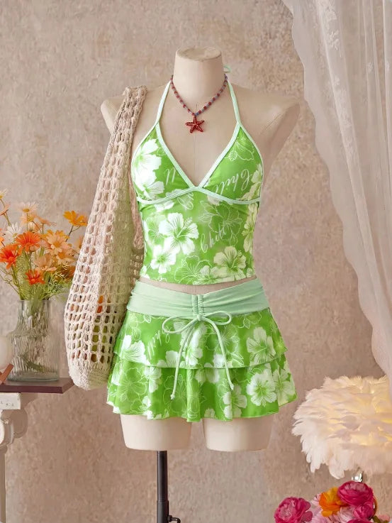 Voguable  Women Floral 3 Piece Tankini Set Halter Neck Tank Top Bikini Brief Drawstring Tiered Ruffle Swim Skirt Tropical Beach Swimwear voguable