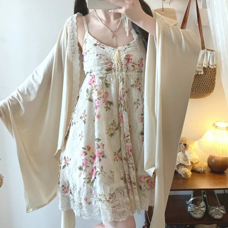Voguable  Sweet Lolita Style Dress Elegant Flower Women Vintage Print Bandage Lace Dresses Kawaii Party Girls Japanese Mini Princess Dress voguable