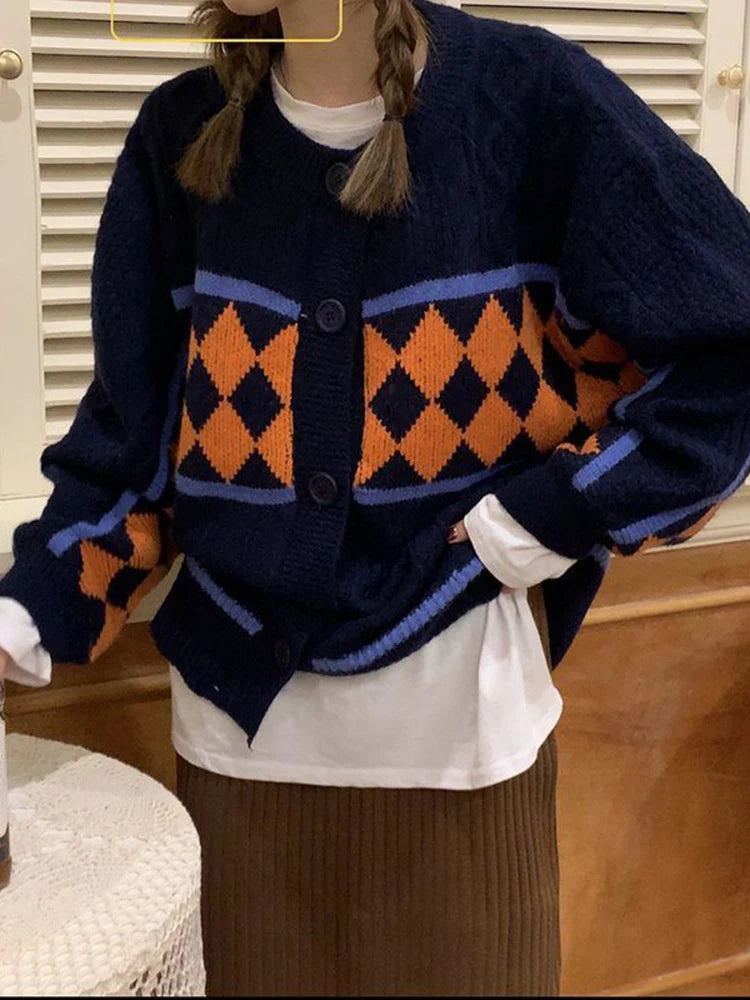 Voguable  Christmas Red Women Argyle Cardigan Vintage Oversize Knitted Tops Korean Lazy Wind Loose Female Preppy Style Sweater New voguable