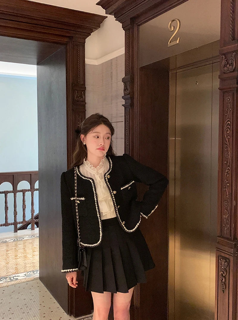 Vintage Jackets Women Black Tweed Cropped Coat Korean Elegant Thicken Single Breasted Blazer Casual Short Outerwear Tops voguable