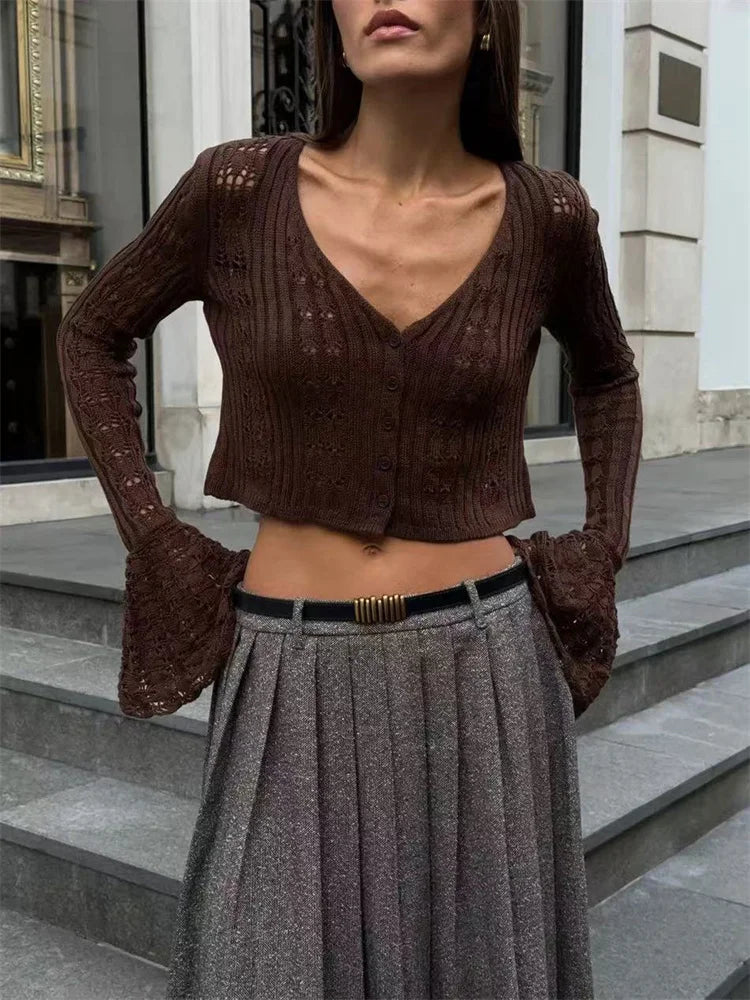 Knitwear Hollow Out Sweater Cardigan Women V-Neck Long Sleeve See-Through Cropped Top Summer Knit Patchwork Cardigan Top voguable