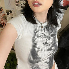 y2k Crop Top Cute T Shirt Women Summer Cat Print Round Neck Short Sleeve Baby Tee Graphic Clothes 2000s Streetwear voguable