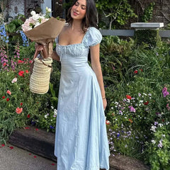 New Women Sexy Off Shoulder Elegant Party Dresses Short Sleeve Lace Up Back A-line Midi Summer Dress Blue White Robe voguable