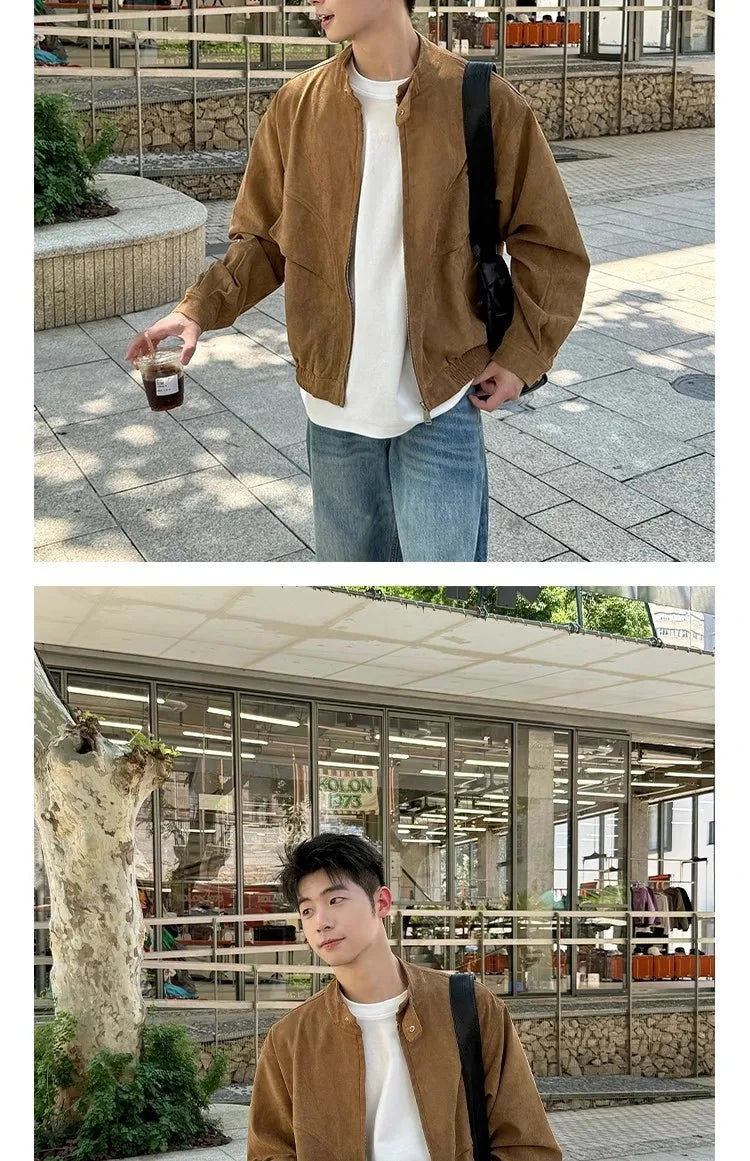 Khaki Cargos Stand Collar Jackets Men's Japanese Retro Streetwear Fashion Solid Color Zipper Long Sleeve Coats Autumn Clothing voguable