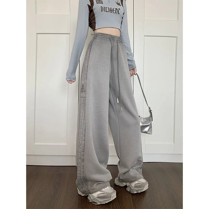 American Style Pink Striped Sports Women Spring Autumn Casual Thicken Sweatpants Loose Straight Elastic Waist Wide Leg Trousers voguable