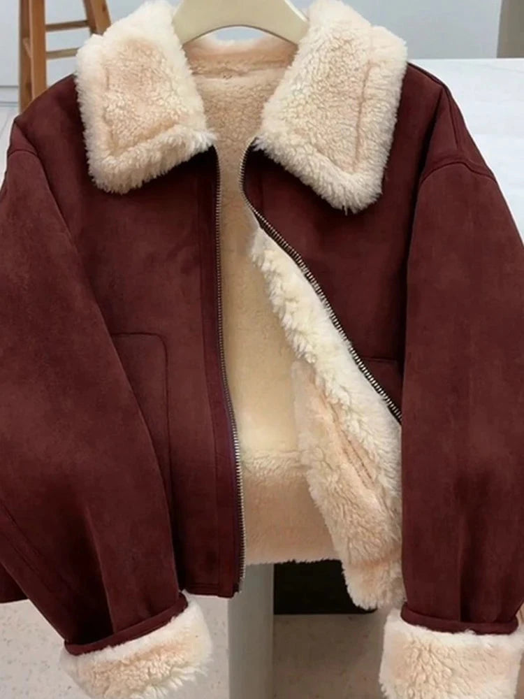 Faux Lamb Suede Jacket Women Winter Warm Long Sleeve Vintage Cotton Coat Korean Casual Lady Thick Long Sleeve Retro Tops voguable