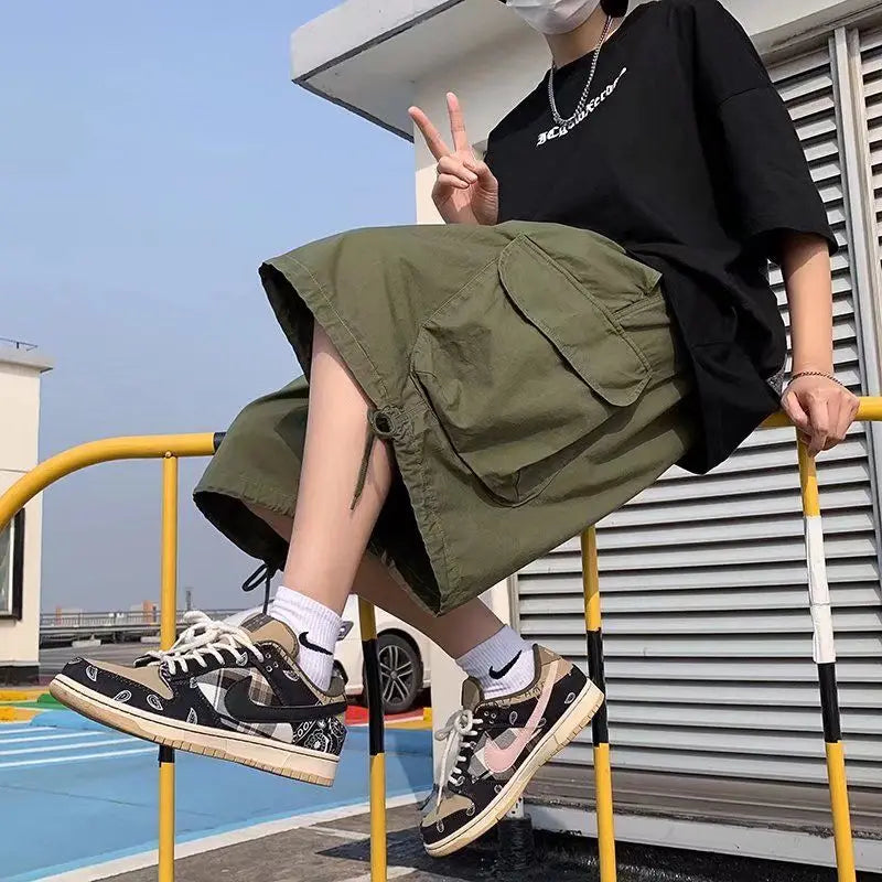 Voguable  7-point Men Summer Thin Japanese Workwear Wide-leg Loose Over-knee Shorts voguable