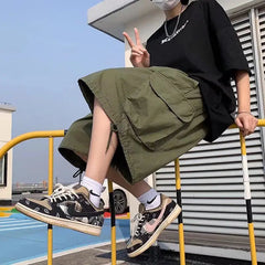 Voguable  7-point Men Summer Thin Japanese Workwear Wide-leg Loose Over-knee Shorts voguable