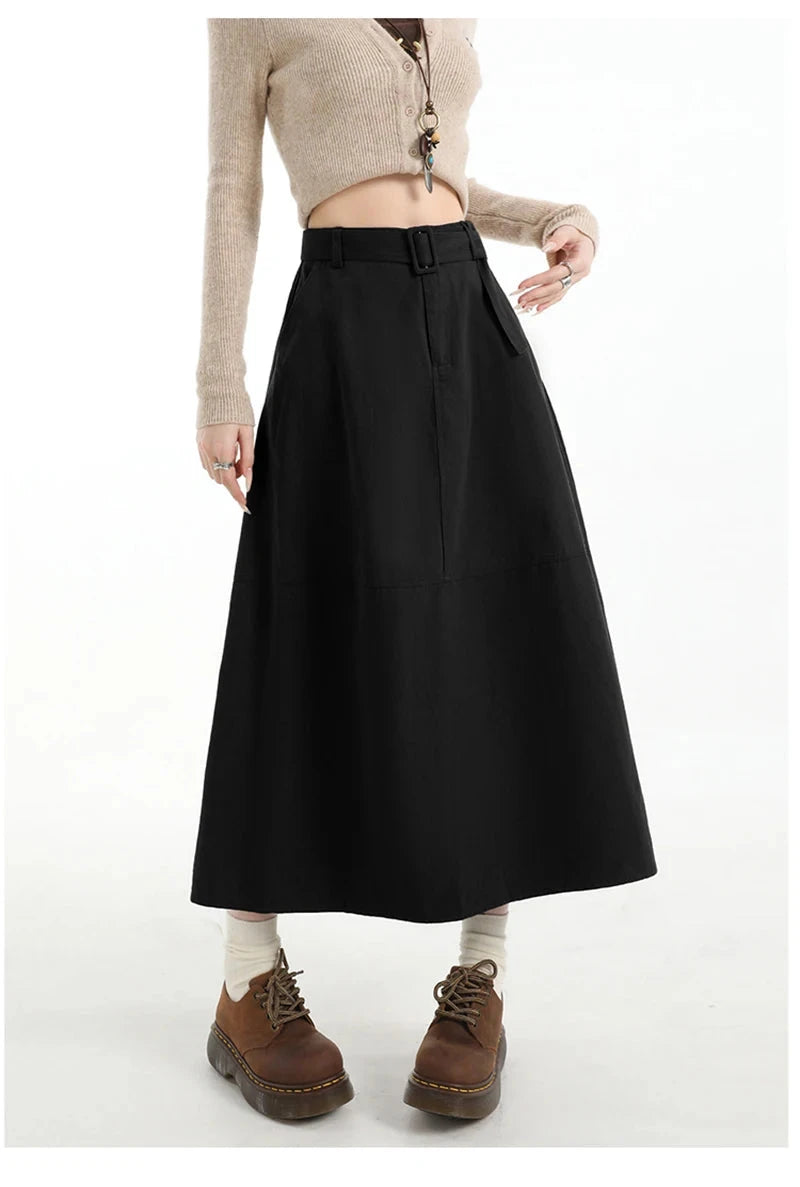 Retro Belt Long Skirt Women Casual Sweet High Waist A Line Skirts Preppy Style Fall Winter Lady Korean Vintage Long Skirts voguable