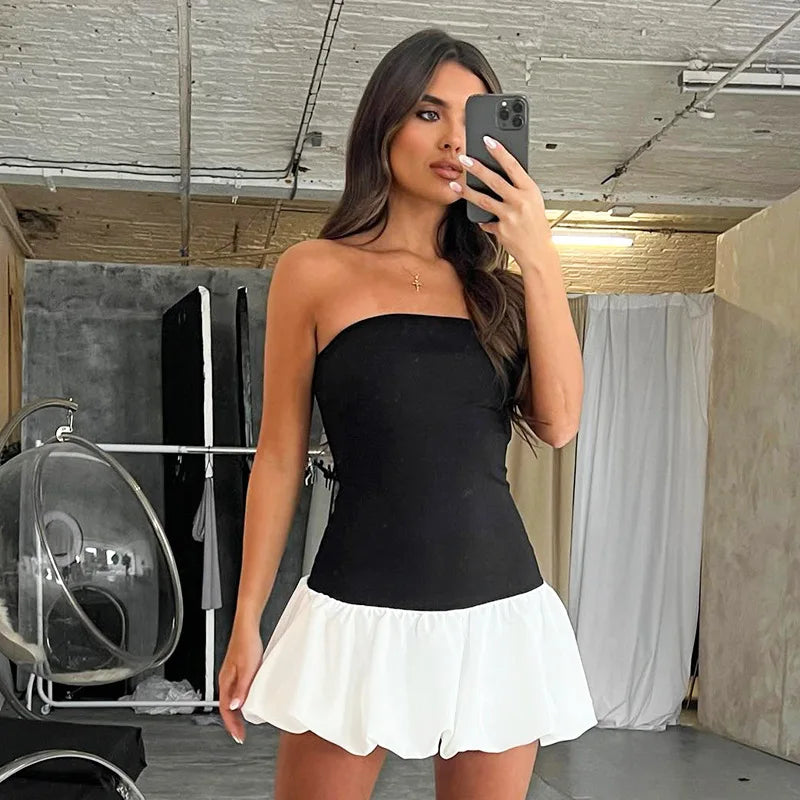 TARUXY Contrast Color Mini Folds Dress For Women Strapless Sexy Slim Sleeveless Ruched Splice Y2K Beach Female Club Party Dress voguable