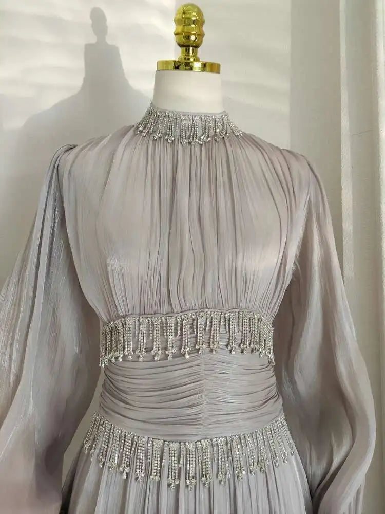 French Niche Design Diamond Spliced Pleats Bright Silk High Waist Dresses For Women Long Sleeve Maxi Dress New voguable