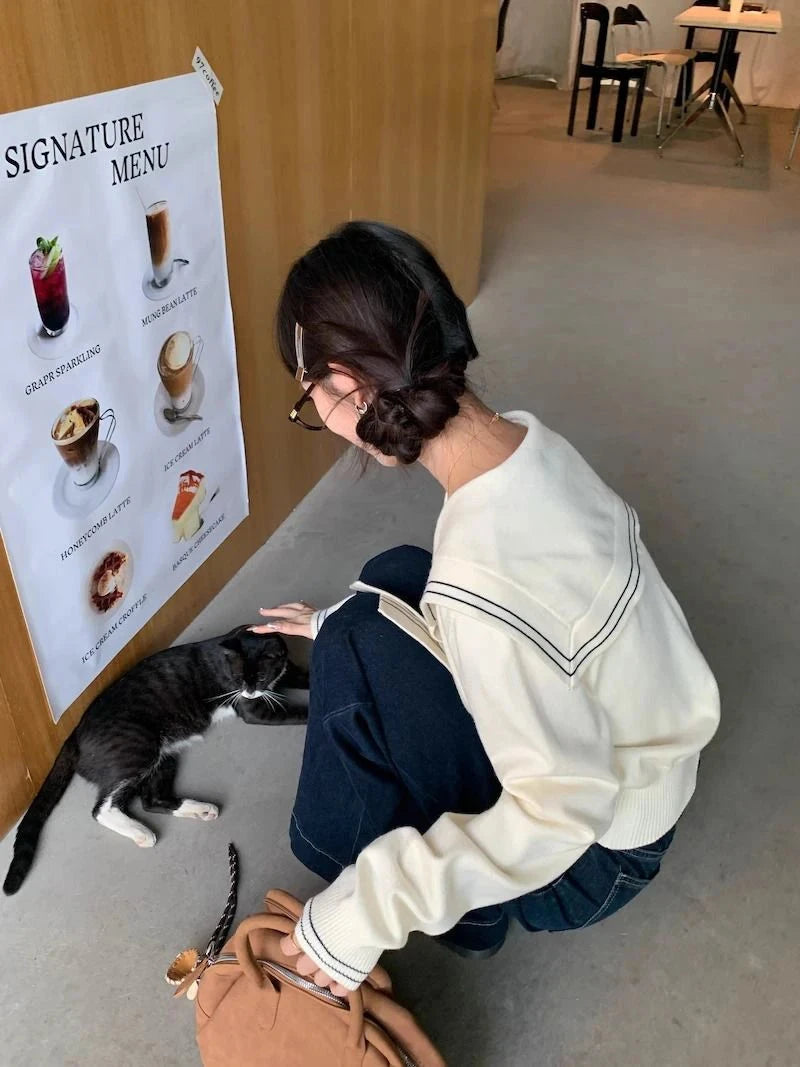 Sweet Sailor Collar Sweaters Women Vintage Preppy Style Fall Knitted Jumpers Casual Long Sleeve Lady Loose Striped Pullover New voguable