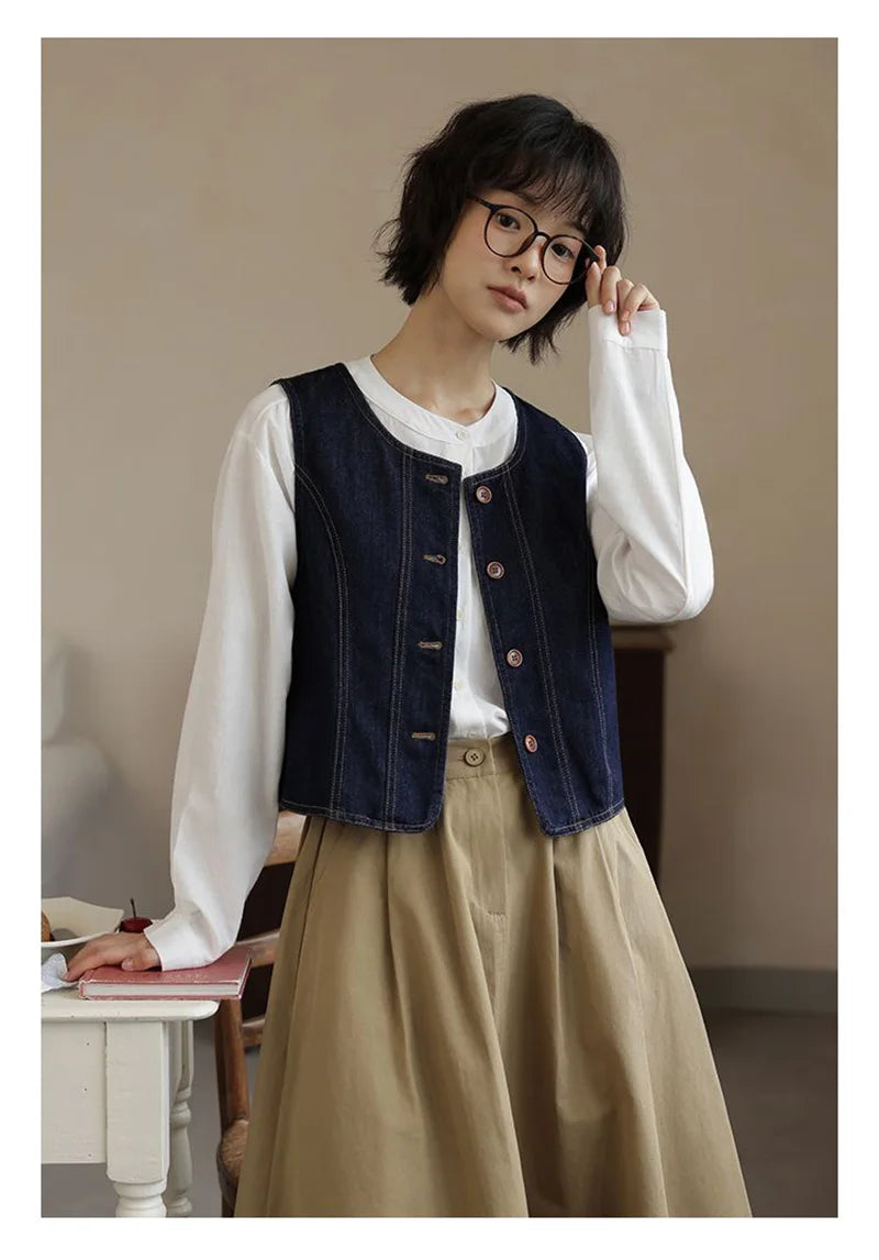 Y2K Retro Harajuku Denim Vest Women Slim Streetwear American Vintage Vest Jacket Fall O Neck Sleeveless Female Solid Vest Tops voguable