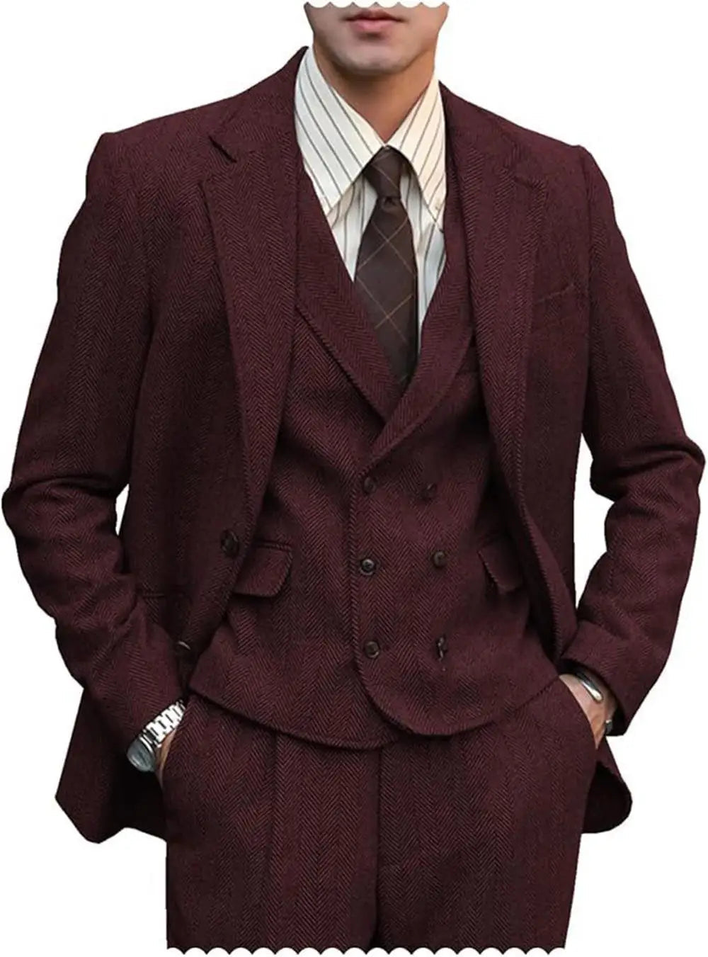 Voguable  British Men's Blazers Vintage Herringbone Tweed Formal Jacket Wool Blend Double Breasted Casual Autumn Winter 3 Piece Suit voguable
