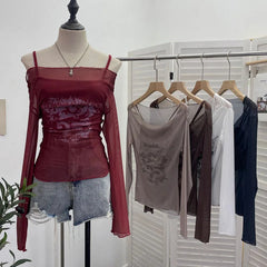 Sexy Slash Neck Mesh Sunscreen T Shirt Y2K Streetwear Print Long Sleeve Patchwork Camis Suit Fashion Folds Slim All Match Tees voguable