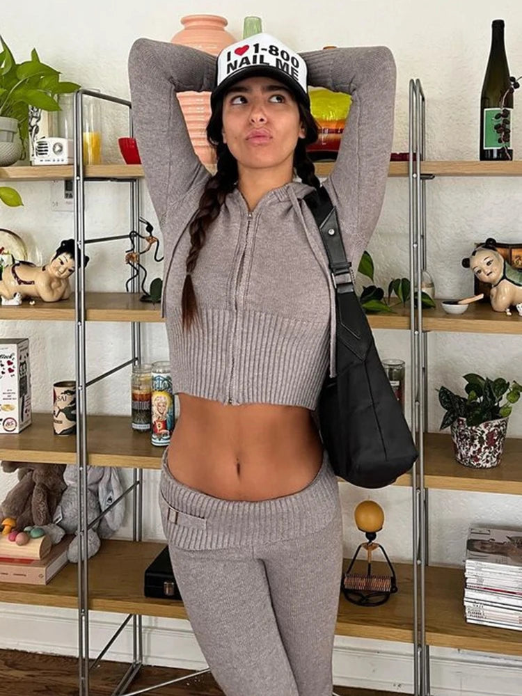 Tossy Knit Fashion 2 Piece-Set Trousers Hoodie Tracksuit Women Crop top Knitwear And Women's Pants Sets Female Trousers Outfits voguable