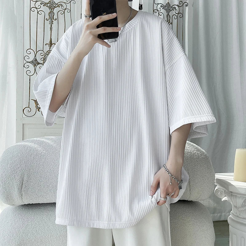 Ice Silk Striped Oversized Cool T Shirts Men Summer Half Sleeve Fashion Harajuku T-Shirt Male Solid Simple Daily Casual Tees gotmes-shop
