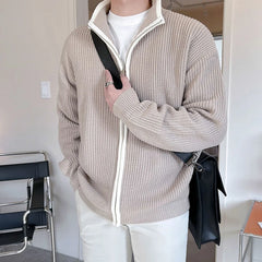 Winter Men's Luxury Knitted Zipper Cardigan Sweater Stand Collar Solid Color Long Sleeve Casual Streetwear Loose Coat voguable