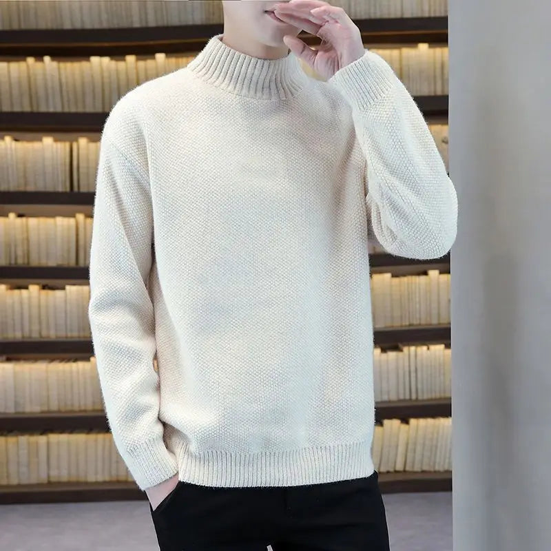 Autumn Winter New Fashion Long Sleeve Half High Collar Solid Pullovers Men's Clothing All-match Knitting Korean Simplicity Tops voguable