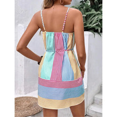 Voguable  European and American - new summer V-neck suspender stripe print short vacation style dress European and American style voguable