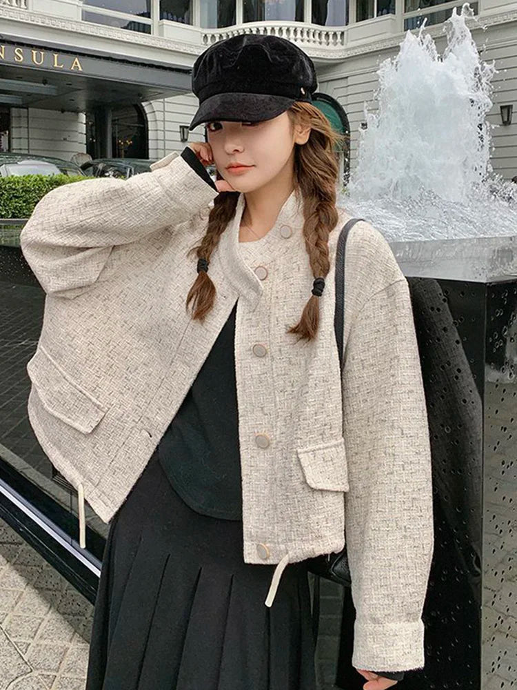 Sweet Women Loose Tweed Jackets Casual Vintage Elegant Long Sleeve Small Fragrance Coats Korean Retro All Match Fall Winter Tops voguable
